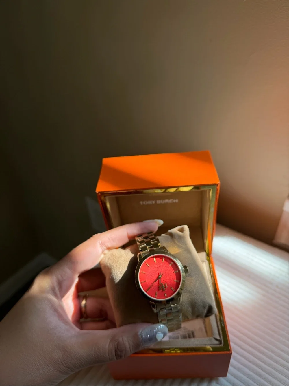 Tory Burch Gold-Tone Bracelet Watch with Red Dial